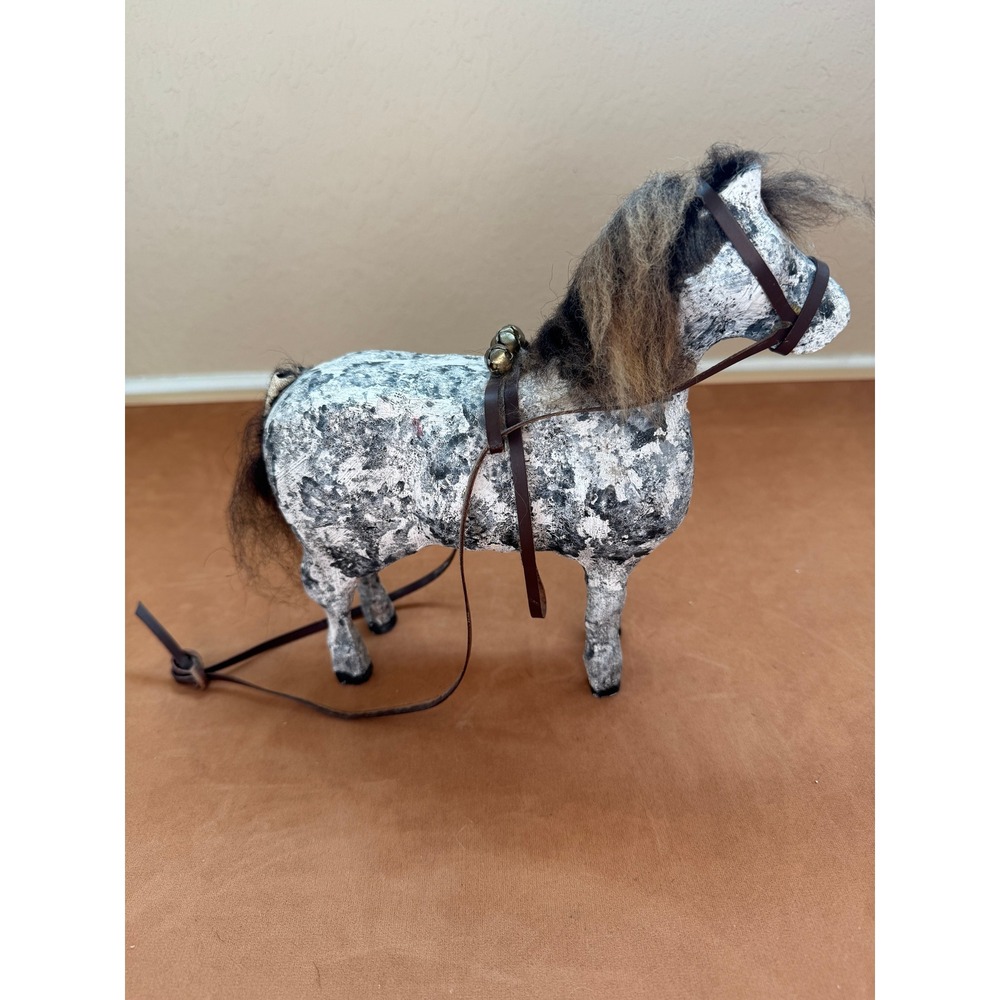 Vintage Primitive Dapple Gray Horse Figurine Wool Mane Western Farmhouse Decor - Picture 2 of 12
